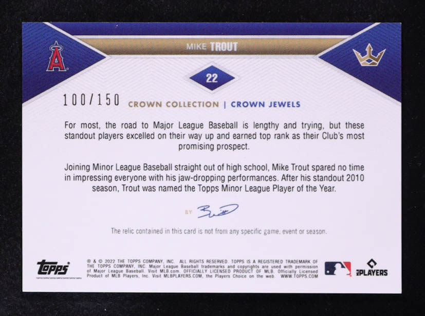 Mike Trout 2022 Topps Crown Collection Crown Jewels MEM #22 #100/150 at PristineAuction.com Mike Trout 2022 Topps Crown Collection Crown Jewels MEM #22 #100/150 at PristineAuction.com