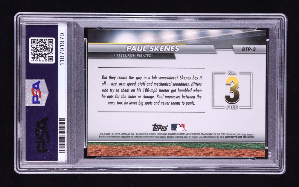 Paul Skenes 2024 Bowman Chrome Scouts Top 100 #BTP3 RC (PSA 10) at PristineAuction.com Paul Skenes 2024 Bowman Chrome Scouts Top 100 #BTP3 RC (PSA 10) at PristineAuction.com