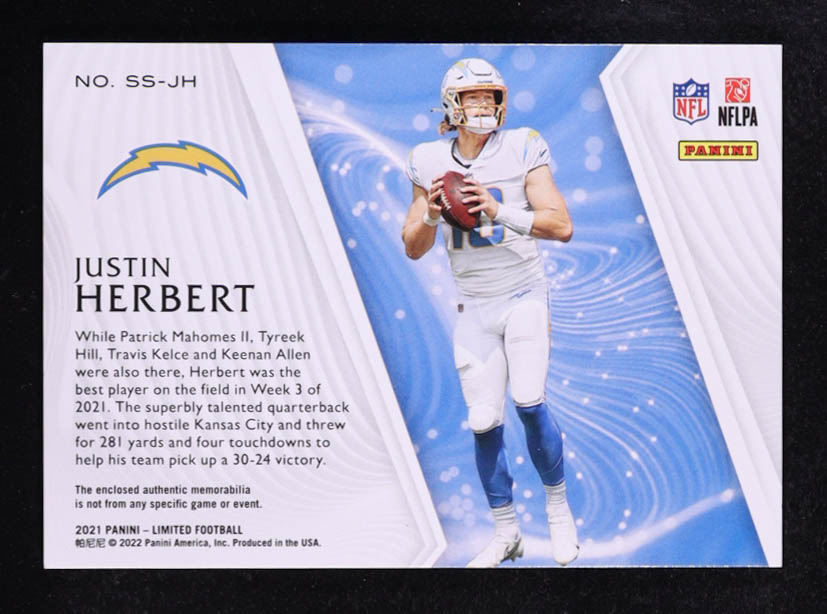 Justin Herbert 2021 Panini Limited Stadium Stars Swatch #SS-JH #71/99 at PristineAuction.com Justin Herbert 2021 Panini Limited Stadium Stars Swatch #SS-JH #71/99 at PristineAuction.com