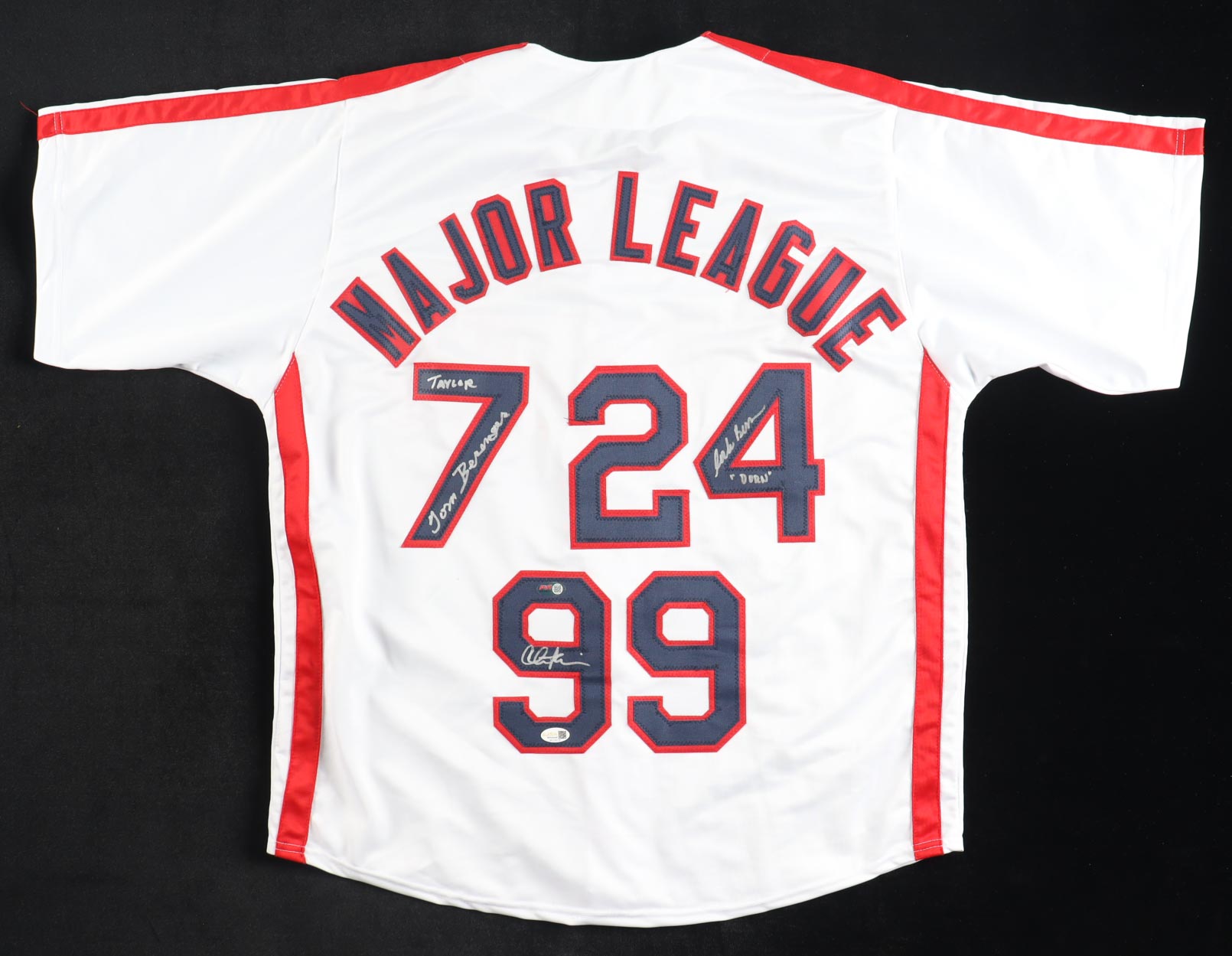 Charlie Sheen, Tom Berenger & Corbin Bernsen Signed "Major League" Jersey Inscribed "Taylor" & "Dorn" (JSA) at PristineAuction.com Charlie Sheen, Tom Berenger & Corbin Bernsen Signed "Major League" Jersey Inscribed "Taylor" & "Dorn" (JSA) at PristineAuction.com