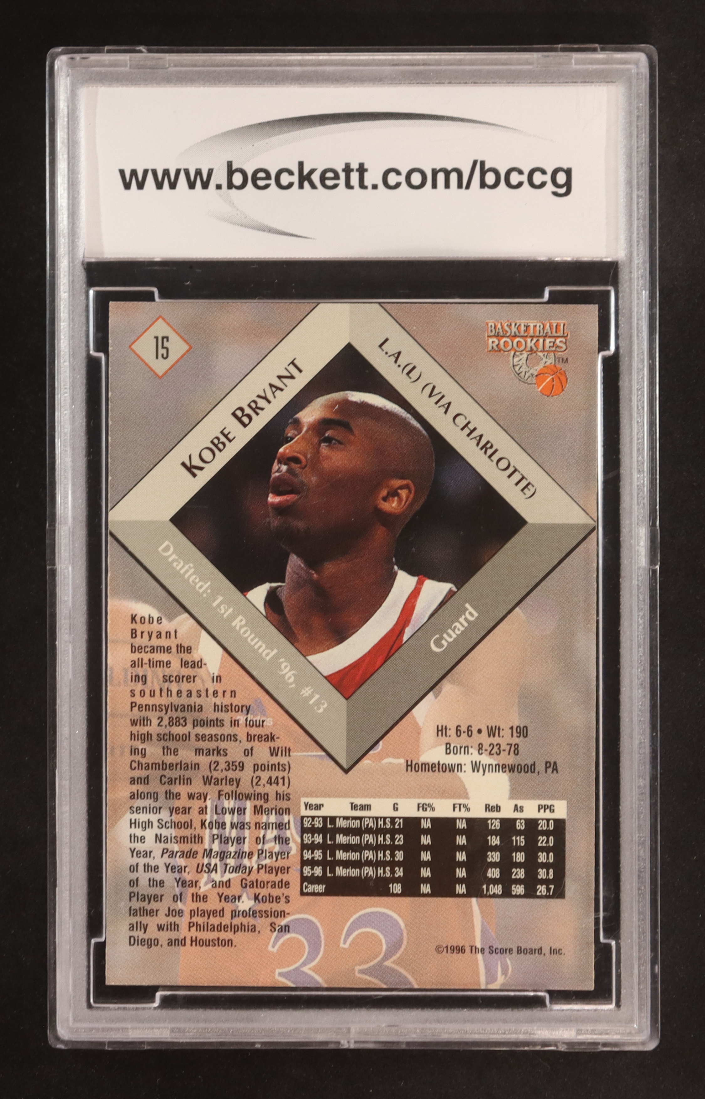 Kobe Bryant 1996 Score Board Rookies #15 RC (BCCG 10) at PristineAuction.com Kobe Bryant 1996 Score Board Rookies #15 RC (BCCG 10) at PristineAuction.com