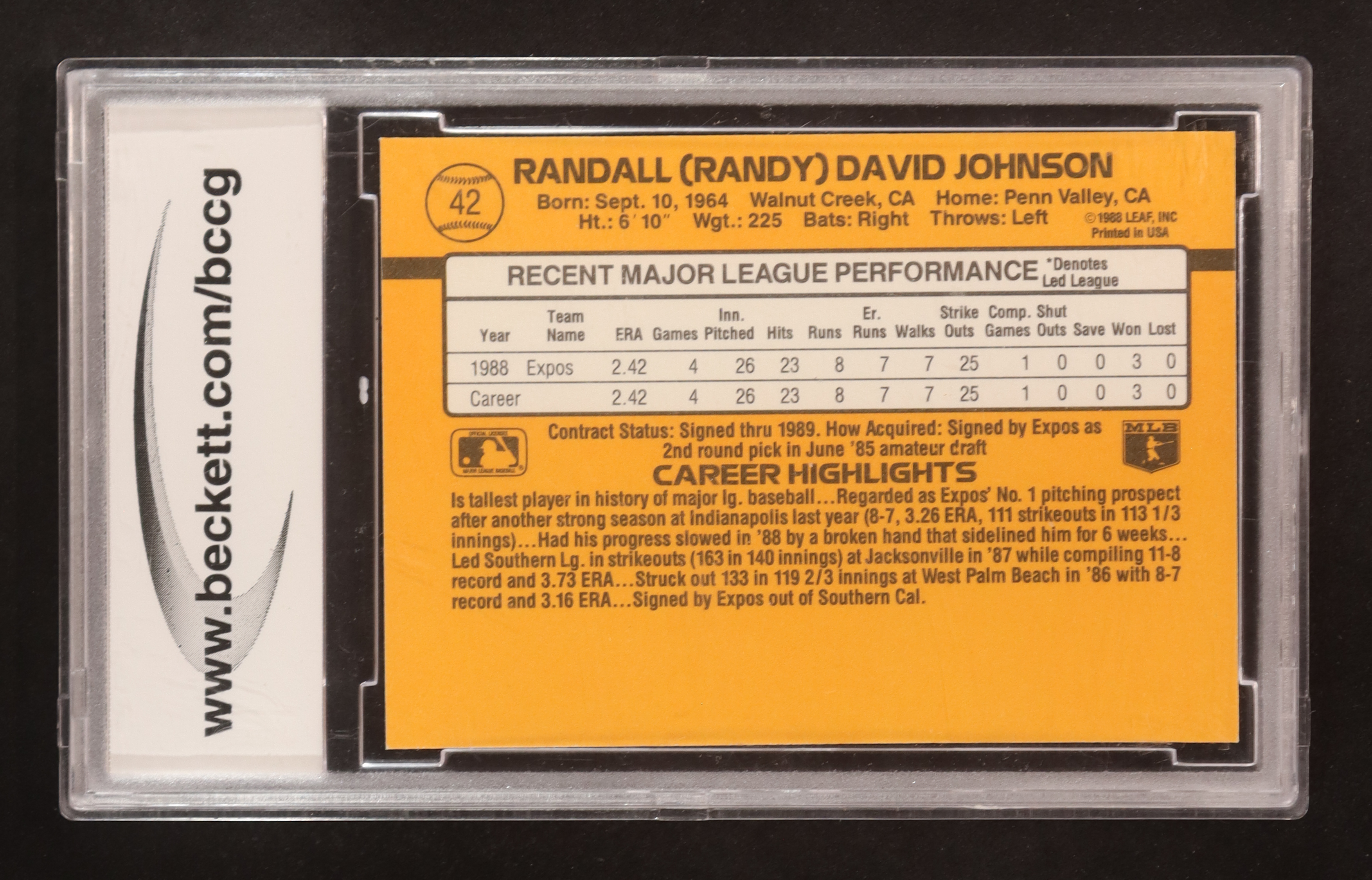 Randy Johnson 1989 Donruss #42 RR RC (BCCG 10) at PristineAuction.com Randy Johnson 1989 Donruss #42 RR RC (BCCG 10) at PristineAuction.com