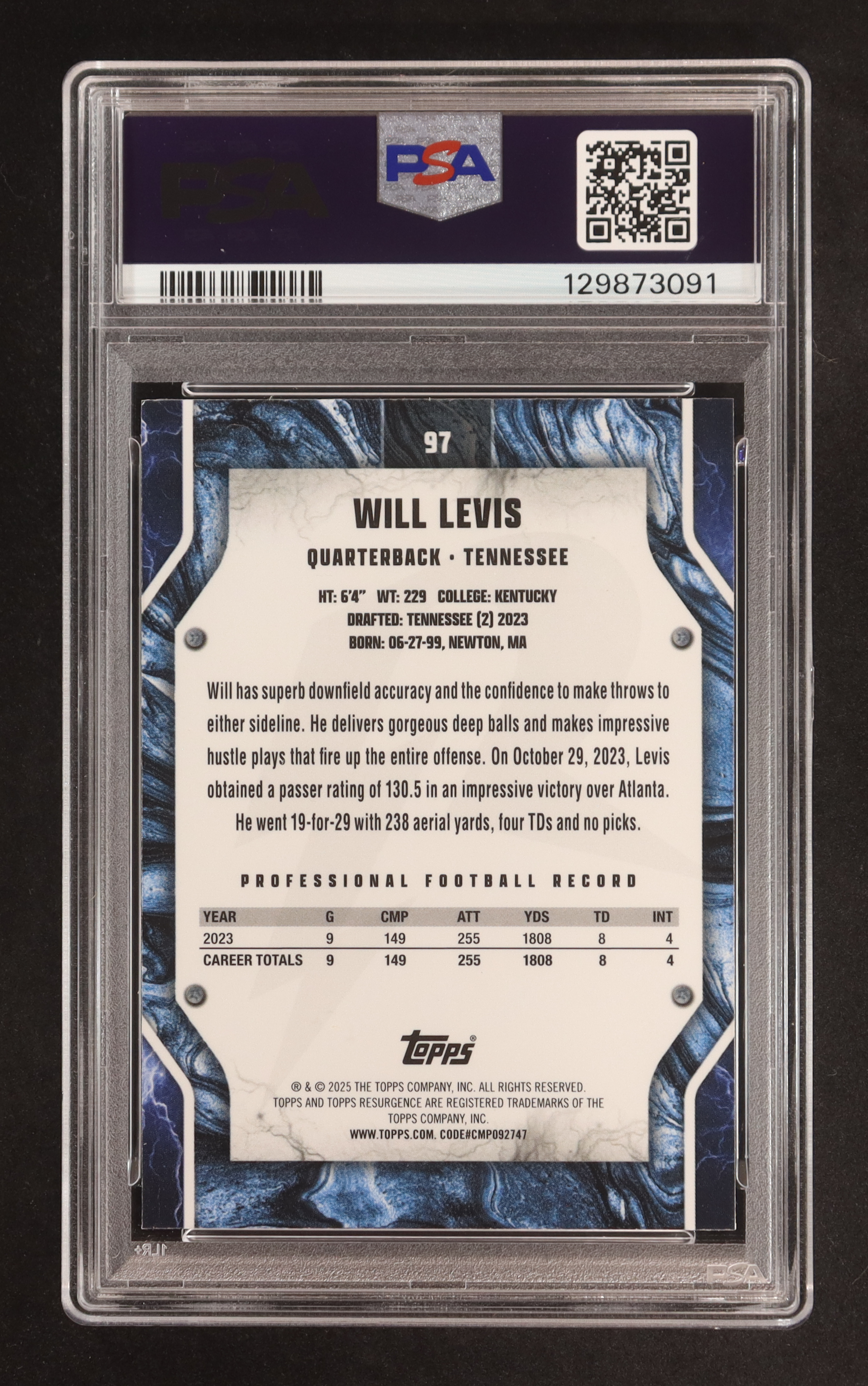 Will Levis 2024 Topps Resurgence Blue Surge #97 #51/99 (PSA 9) at PristineAuction.com Will Levis 2024 Topps Resurgence Blue Surge #97 #51/99 (PSA 9) at PristineAuction.com