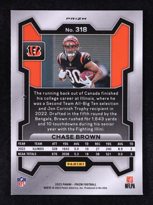 Chase Brown 2023 Panini Prizm Prizms Press Proof #318 RC at PristineAuction.com Chase Brown 2023 Panini Prizm Prizms Press Proof #318 RC at PristineAuction.com