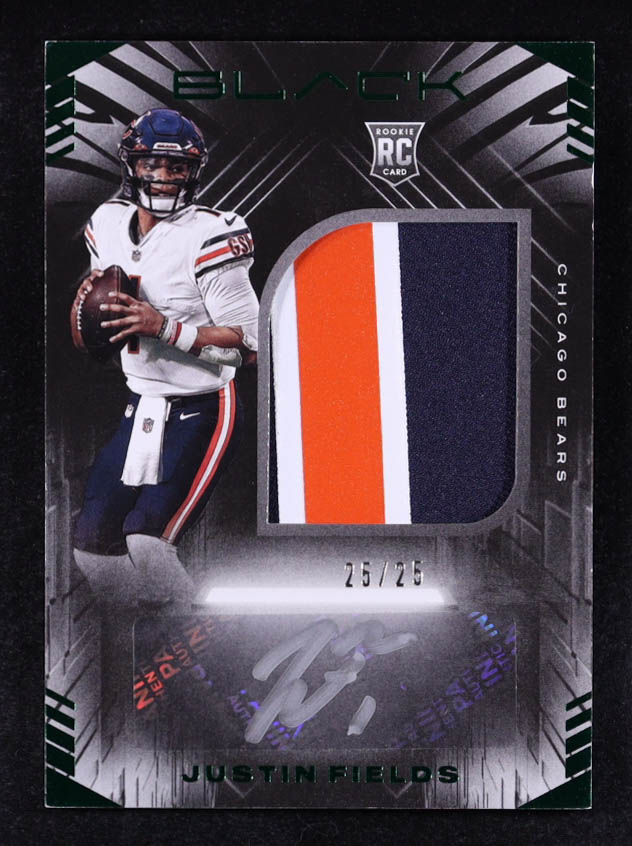 Justin Fields 2021 Panini Black Rookie Patch Autographs Emerald #203 #25/25 RC at PristineAuction.com Justin Fields 2021 Panini Black Rookie Patch Autographs Emerald #203 #25/25 RC at PristineAuction.com