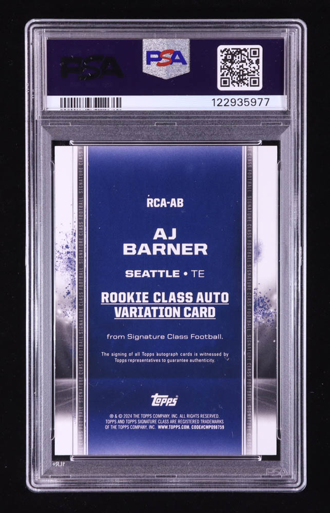 AJ Barner 2024 Topps Signature Class Rookie Autographs #RCA-AB CLASS II RC (PSA 8 | Auto 10) at PristineAuction.com AJ Barner 2024 Topps Signature Class Rookie Autographs #RCA-AB CLASS II RC (PSA 8 | Auto 10) at PristineAuction.com