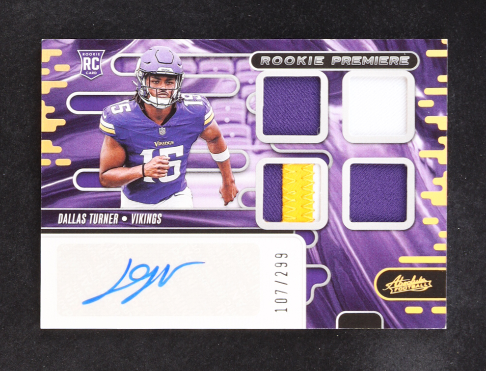 Dallas Turner 2024 Panini Absolute Rookie Premiere Materials Quad Autographs #RPMA-DTR RC #107/299 at PristineAuction.com Dallas Turner 2024 Panini Absolute Rookie Premiere Materials Quad Autographs #RPMA-DTR RC #107/299 at PristineAuction.com