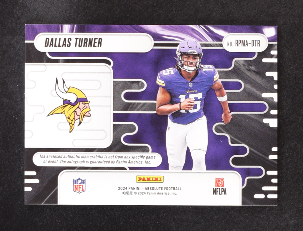 Dallas Turner 2024 Panini Absolute Rookie Premiere Materials Quad Autographs #RPMA-DTR RC #107/299 at PristineAuction.com Dallas Turner 2024 Panini Absolute Rookie Premiere Materials Quad Autographs #RPMA-DTR RC #107/299 at PristineAuction.com
