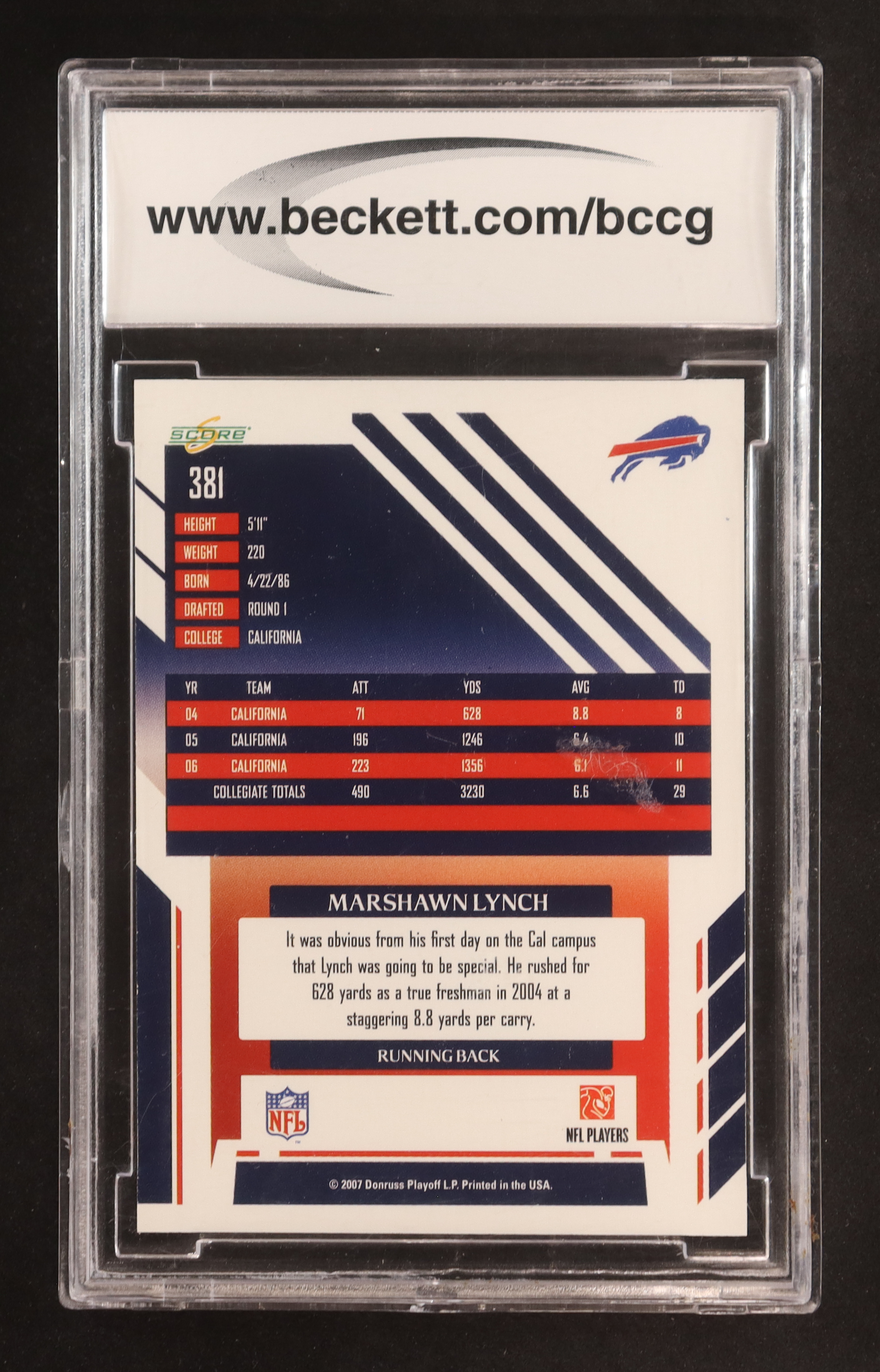 Marshawn Lynch 2007 Score #381 RC (BCCG 10) at PristineAuction.com Marshawn Lynch 2007 Score #381 RC (BCCG 10) at PristineAuction.com