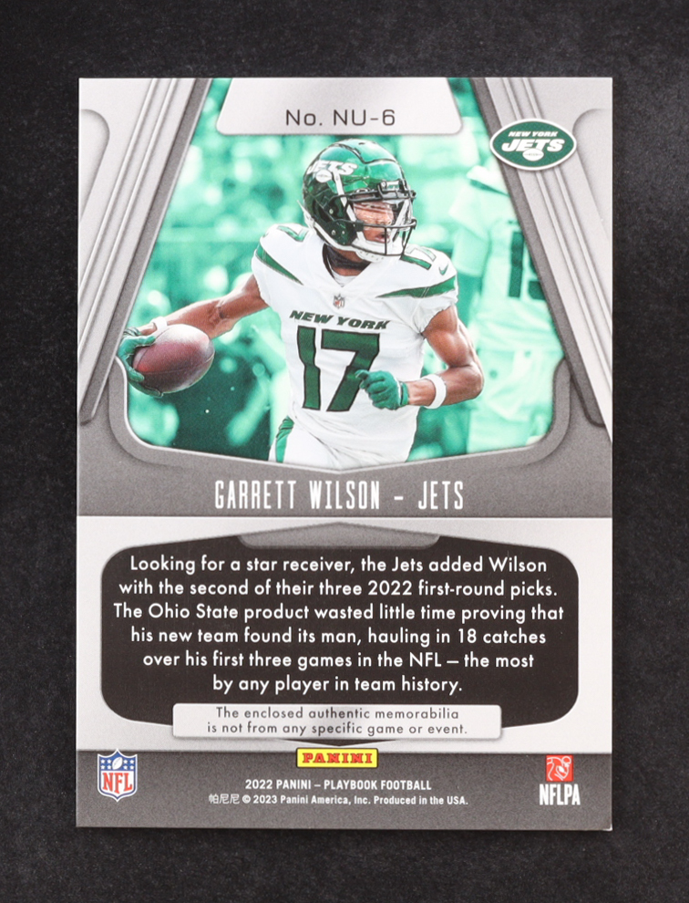 Garrett Wilson 2022 Panini Playbook Next Up Jerseys MEM #NU-6 RC at PristineAuction.com Garrett Wilson 2022 Panini Playbook Next Up Jerseys MEM #NU-6 RC at PristineAuction.com