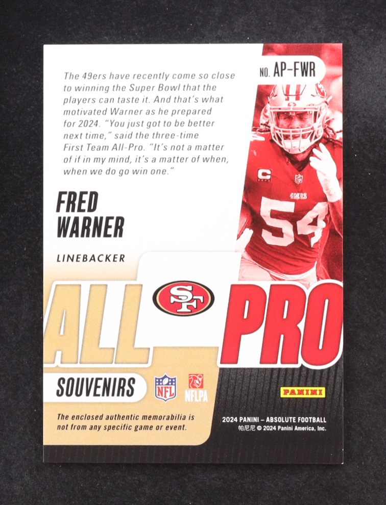 Fred Warner 2024 Panini Abosolute All Pro Souvenirs #AP-FWR #090/199 at PristineAuction.com Fred Warner 2024 Panini Abosolute All Pro Souvenirs #AP-FWR #090/199 at PristineAuction.com