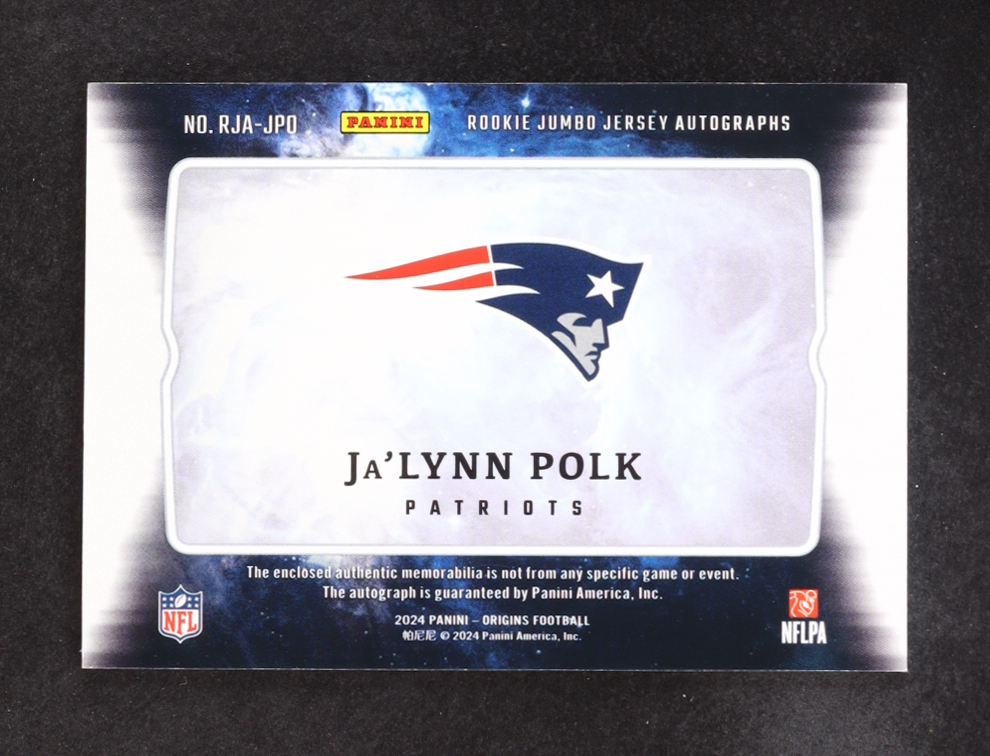 Ja'lynn Polk 2024 Panini Origins Rookie Jumbo Jersey Autographs #RKA-JPO RC at PristineAuction.com Ja'lynn Polk 2024 Panini Origins Rookie Jumbo Jersey Autographs #RKA-JPO RC at PristineAuction.com