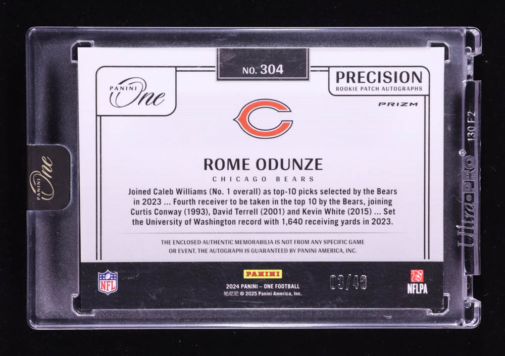 Rome Odunze 2024 Panini One Precision Rookie Patch Autographs Green #304 RC #03/40 at PristineAuction.com Rome Odunze 2024 Panini One Precision Rookie Patch Autographs Green #304 RC #03/40 at PristineAuction.com