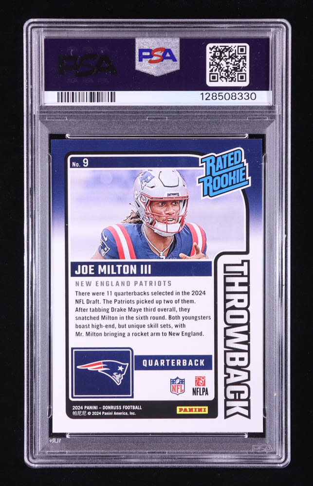 Joe Milton III 2024 Donruss Rated Rookies Throwback #9 RC (PSA 9) at PristineAuction.com Joe Milton III 2024 Donruss Rated Rookies Throwback #9 RC (PSA 9) at PristineAuction.com