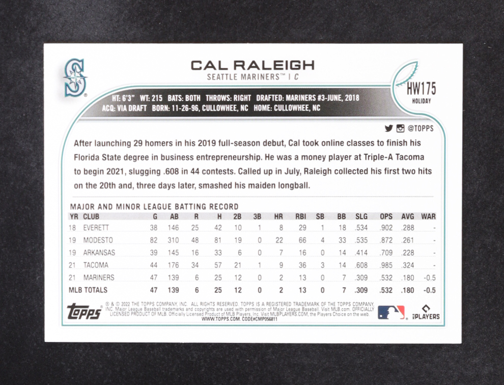 Cal Raleigh 2022 Topps Holiday Mega Box #HW175 RC at PristineAuction.com Cal Raleigh 2022 Topps Holiday Mega Box #HW175 RC at PristineAuction.com