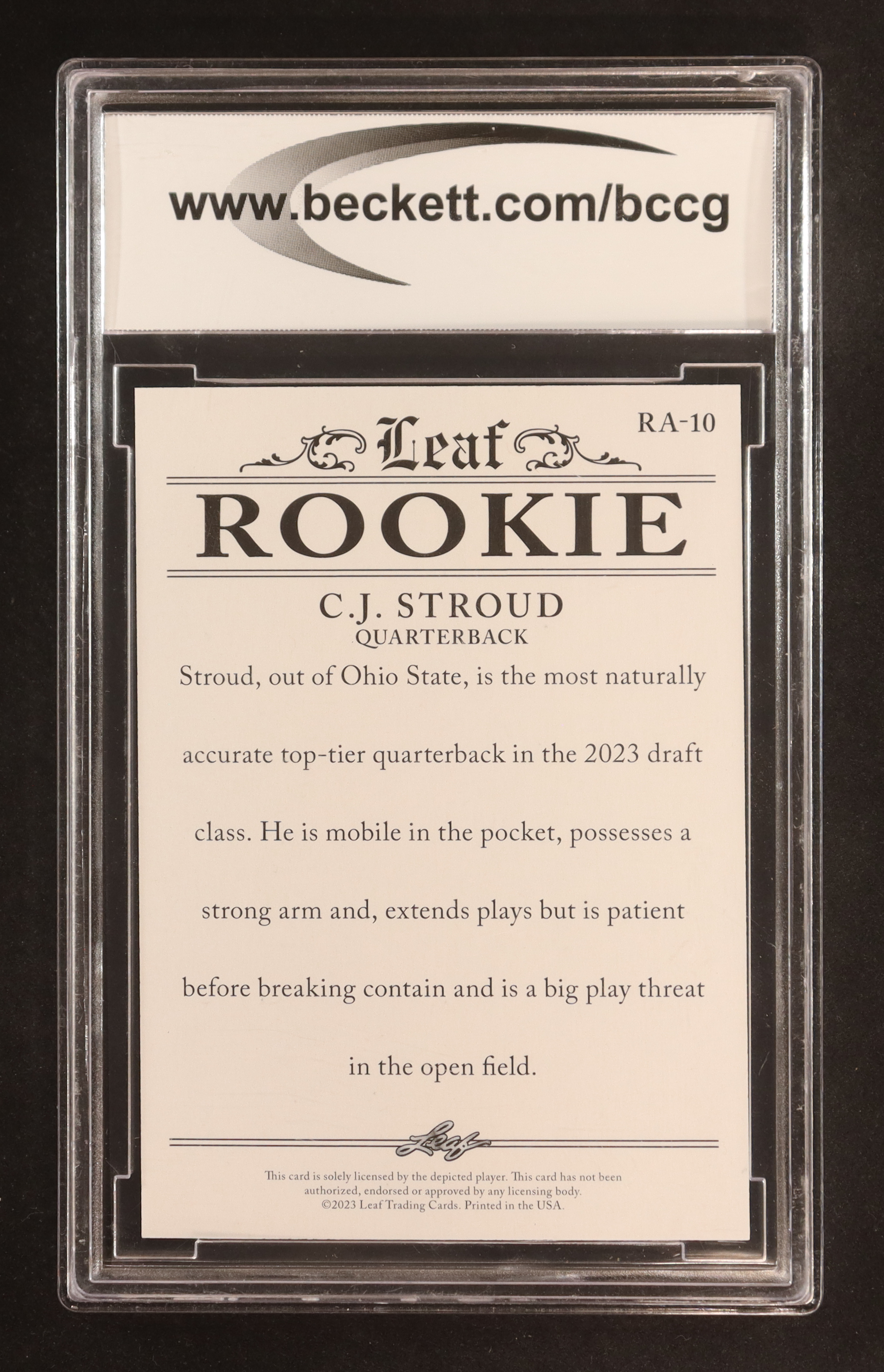 C.J. Stroud 2023 Leaf Special Release Rookie Achievement #RA10 RC (BCCG 10) at PristineAuction.com C.J. Stroud 2023 Leaf Special Release Rookie Achievement #RA10 RC (BCCG 10) at PristineAuction.com