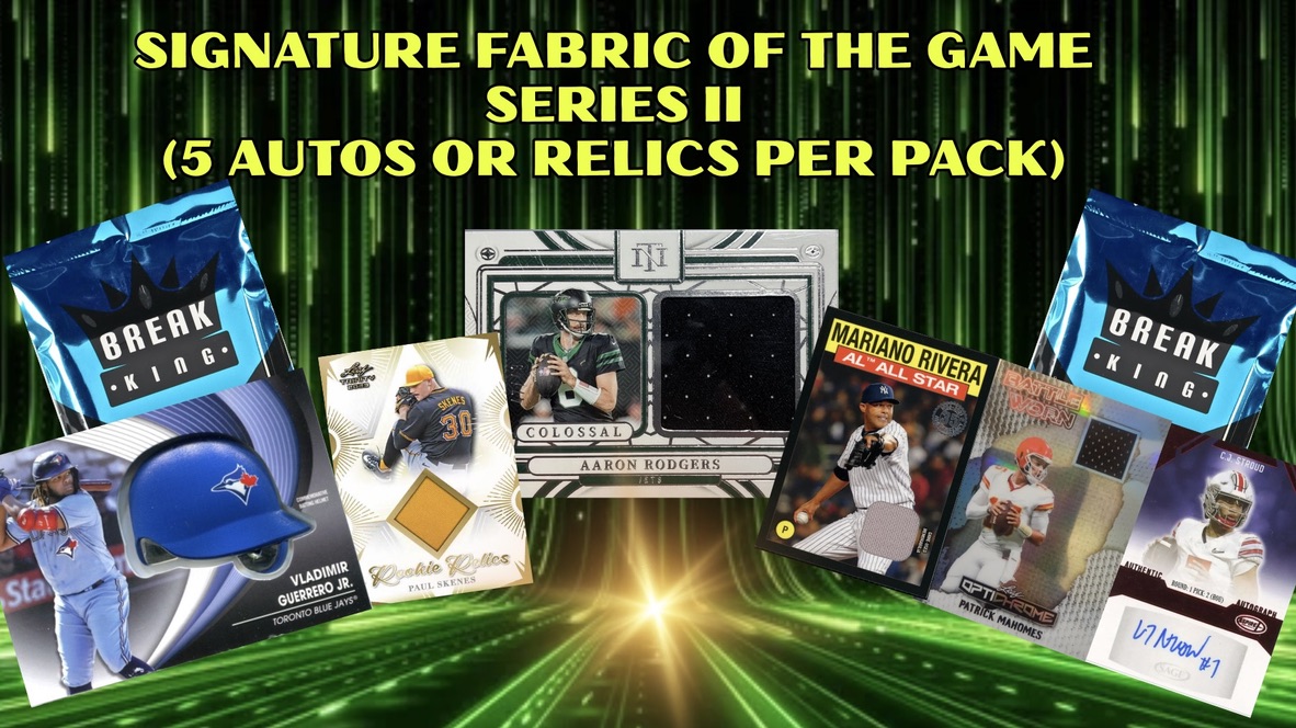 Break King: Signature Fabric of The Game Mystery Box - Series II (5 Autographs or Relics Per Pack) at PristineAuction.com Break King: Signature Fabric of The Game Mystery Box - Series II (5 Autographs or Relics Per Pack) at PristineAuction.com