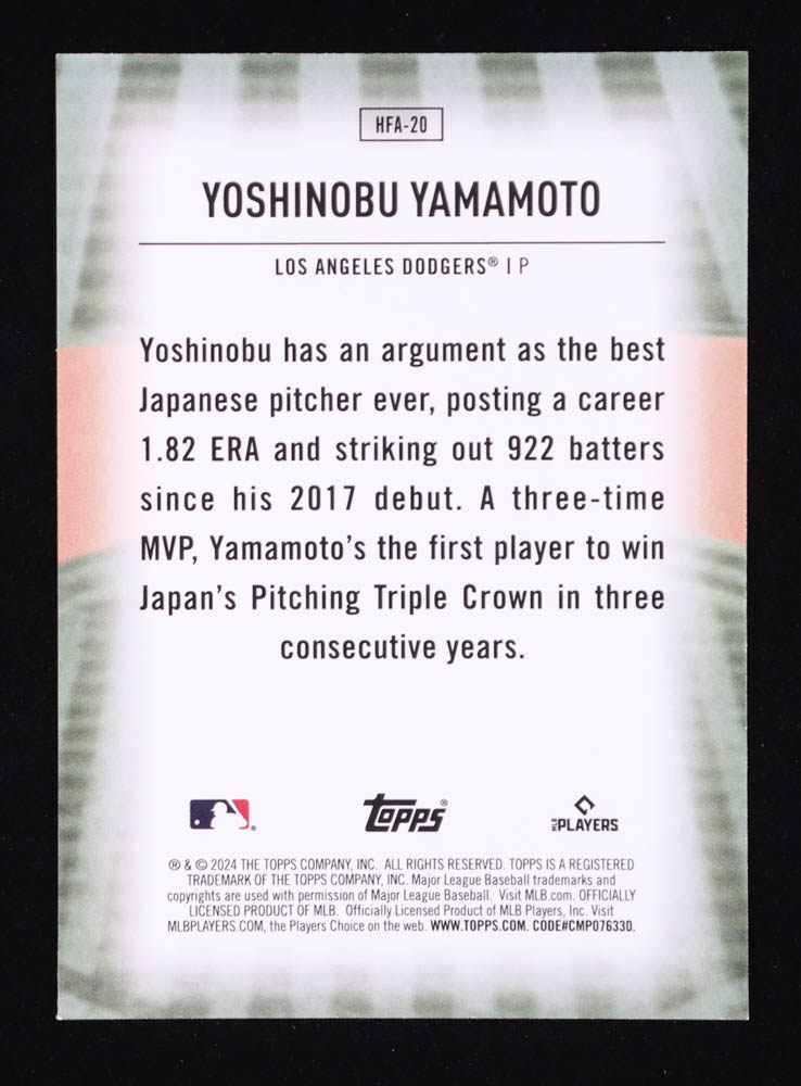 Yoshinobu Yamamoto 2024 Topps Home Field Advantage #HFA20 RC at PristineAuction.com Yoshinobu Yamamoto 2024 Topps Home Field Advantage #HFA20 RC at PristineAuction.com