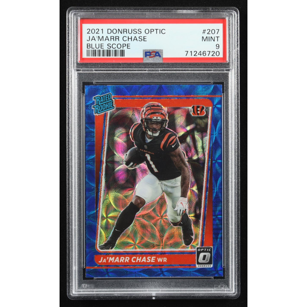 Ja'Marr Chase 2021 Panini Donruss Optic RR Blue Scope #207 RC (PSA 9) at PristineAuction.com