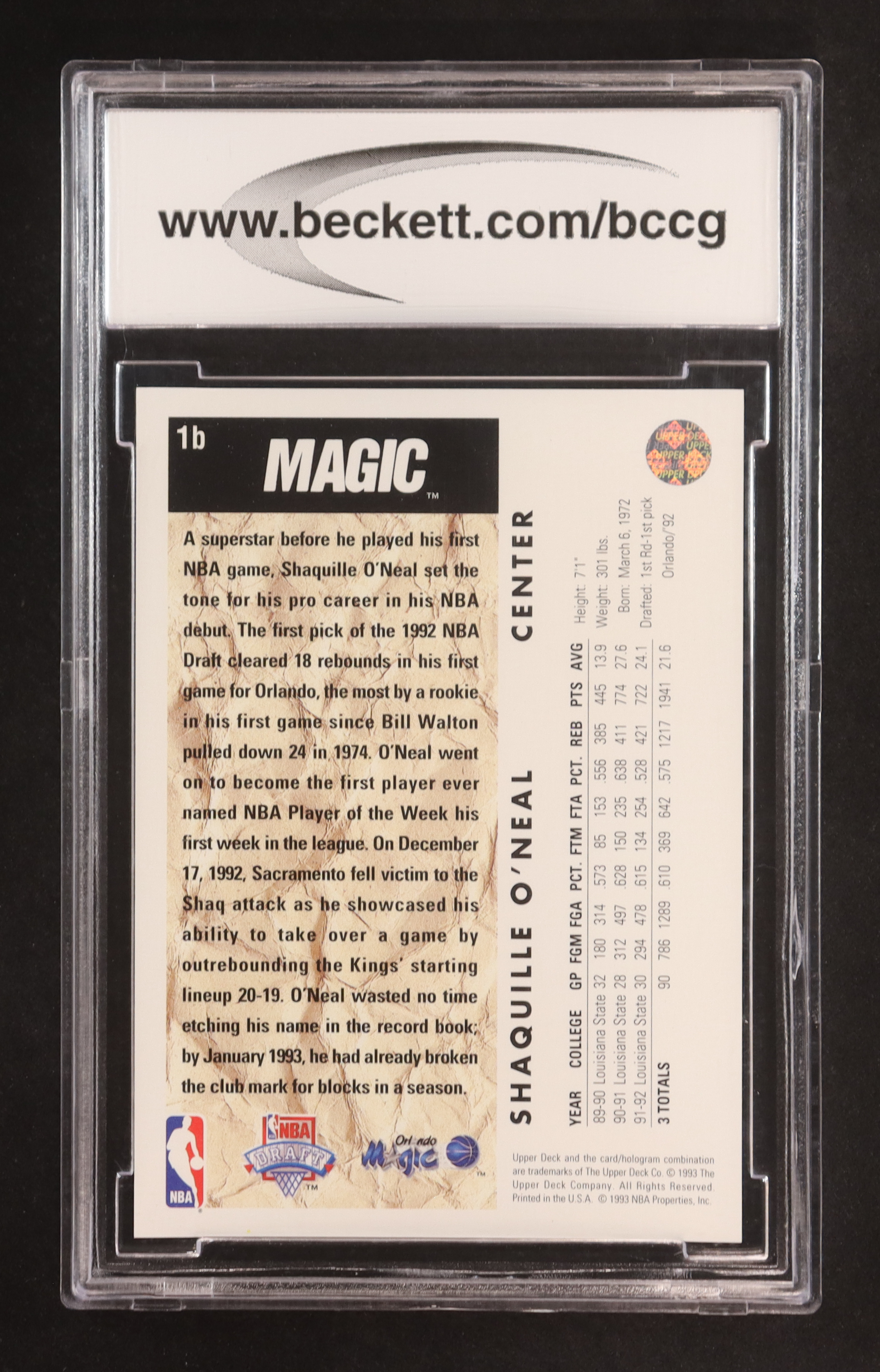 Shaquille O'Neal TRADE 1992-93 Upper Deck #1B RC (BCCG 10) at PristineAuction.com Shaquille O'Neal TRADE 1992-93 Upper Deck #1B RC (BCCG 10) at PristineAuction.com