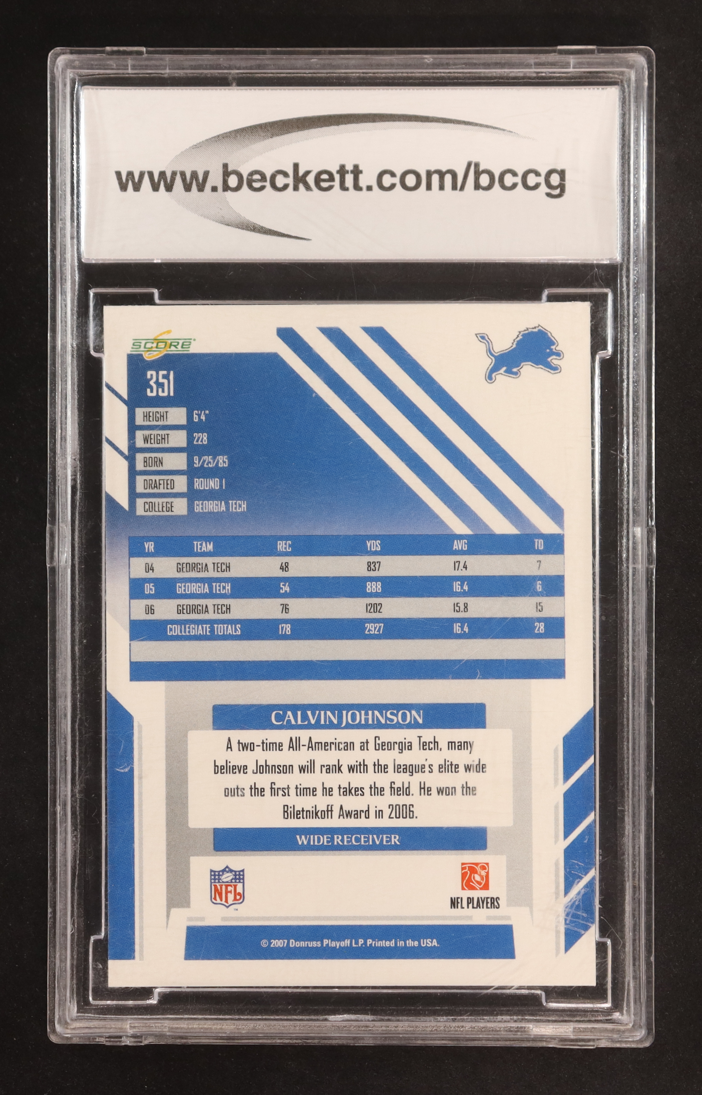 Calvin Johnson 2007 Score Atomic #351 RC (BCCG 10) at PristineAuction.com Calvin Johnson 2007 Score Atomic #351 RC (BCCG 10) at PristineAuction.com