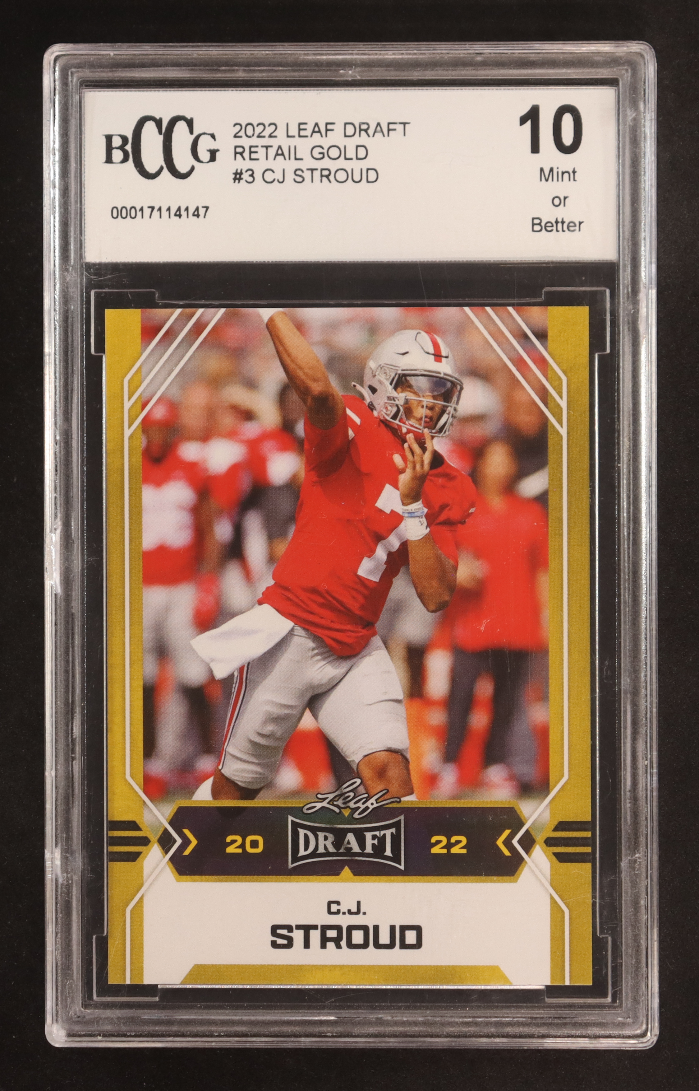 CJ Stroud 2022 Leaf Draft Retail Gold #3 RC (BCCG 10) at PristineAuction.com CJ Stroud 2022 Leaf Draft Retail Gold #3 RC (BCCG 10) at PristineAuction.com