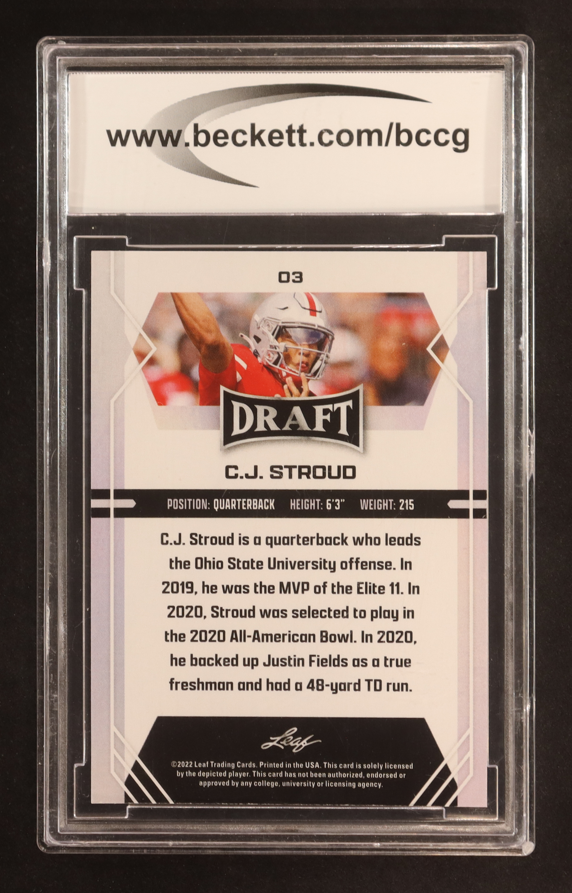 CJ Stroud 2022 Leaf Draft Retail Gold #3 RC (BCCG 10) at PristineAuction.com CJ Stroud 2022 Leaf Draft Retail Gold #3 RC (BCCG 10) at PristineAuction.com