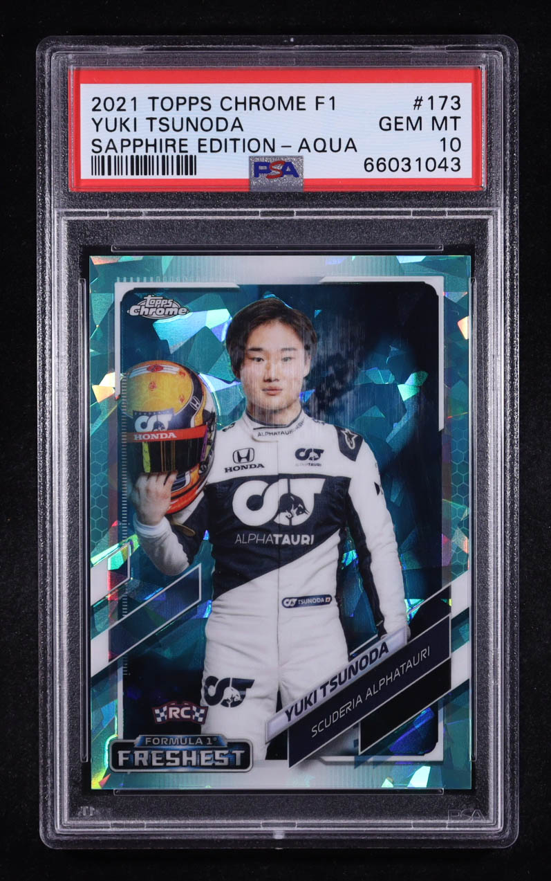 Yuki Tsunoda 2021 Topps Chrome Sapphire Formula 1 Aqua Refractors #173 Freshest #26/99 RC (PSA 10) at PristineAuction.com Yuki Tsunoda 2021 Topps Chrome Sapphire Formula 1 Aqua Refractors #173 Freshest #26/99 RC (PSA 10) at PristineAuction.com