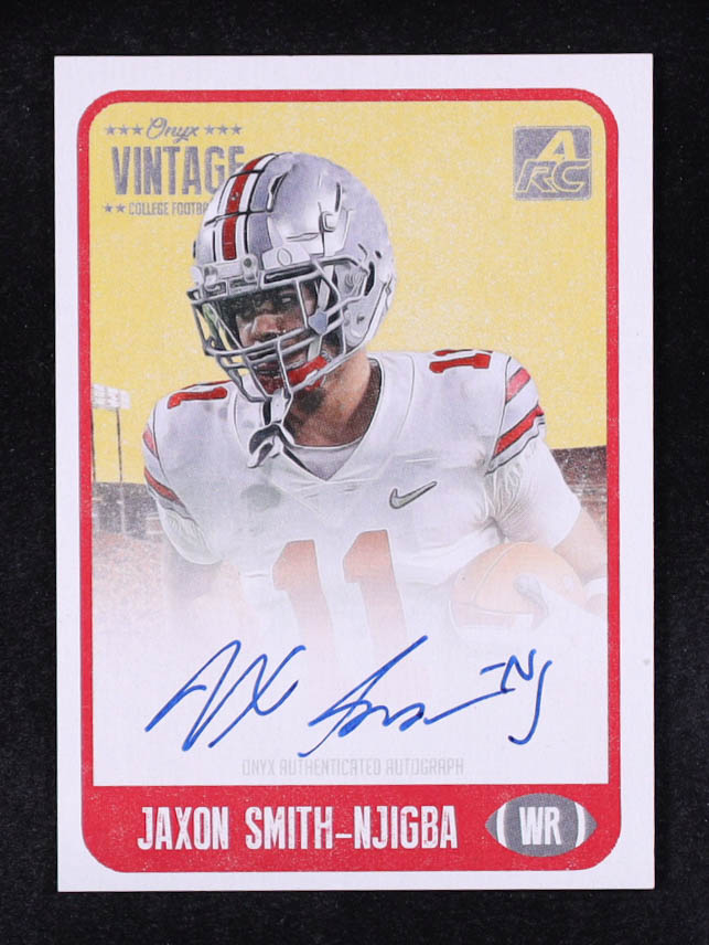 Jaxon Smith-Njigba 2021 Onyx Vintage College Autographs Blue #CAJA EXCH RC at PristineAuction.com Jaxon Smith-Njigba 2021 Onyx Vintage College Autographs Blue #CAJA EXCH RC at PristineAuction.com