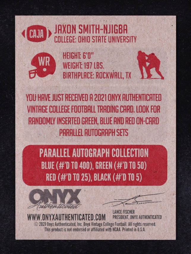 Jaxon Smith-Njigba 2021 Onyx Vintage College Autographs Blue #CAJA EXCH RC at PristineAuction.com Jaxon Smith-Njigba 2021 Onyx Vintage College Autographs Blue #CAJA EXCH RC at PristineAuction.com