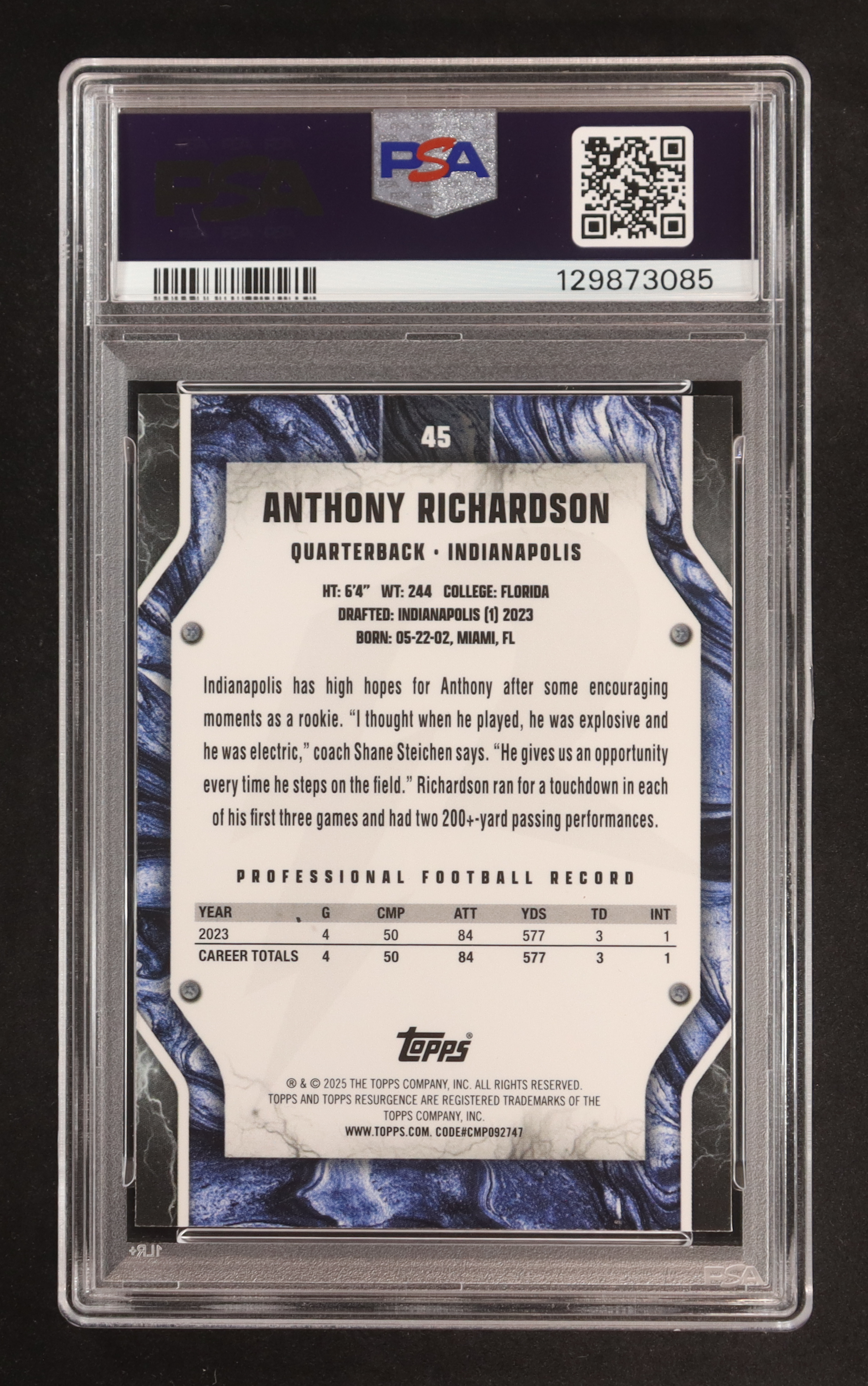 Anthony Richardson 2024 Topps Resurgence Crimson Surge #45 #119/199 (PSA 10) at PristineAuction.com Anthony Richardson 2024 Topps Resurgence Crimson Surge #45 #119/199 (PSA 10) at PristineAuction.com