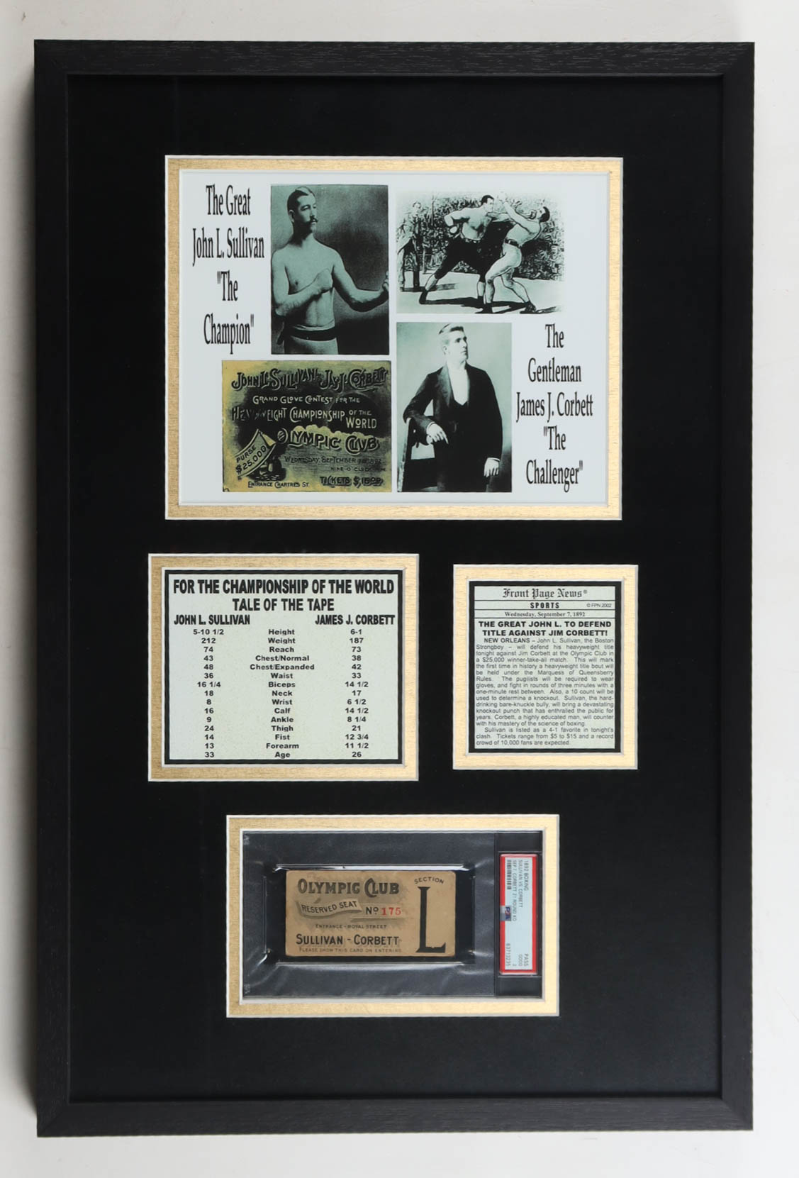 1892 Sullivan vs Corbett Original Custom Framed Ticket Display with (3) Match Promo Photos (PSA 2) at PristineAuction.com 1892 Sullivan vs Corbett Original Custom Framed Ticket Display with (3) Match Promo Photos (PSA 2) at PristineAuction.com