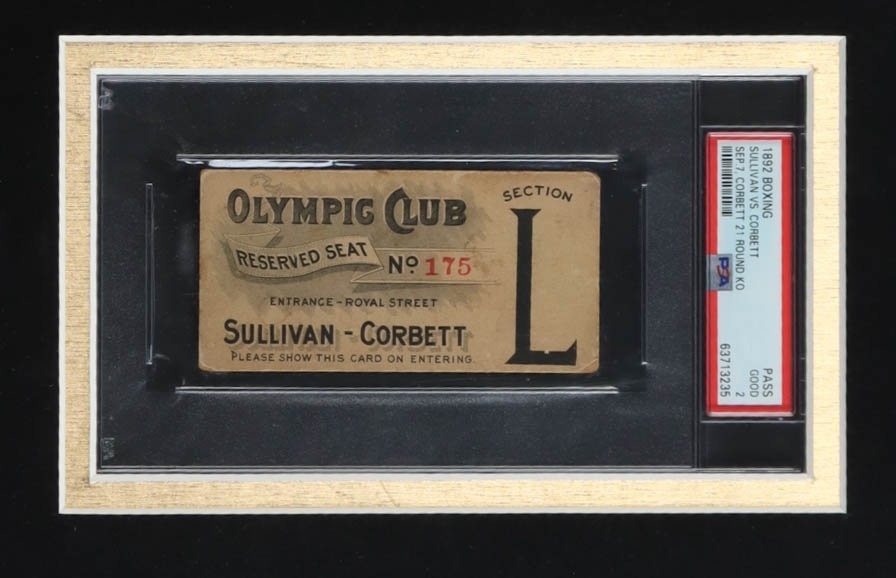 1892 Sullivan vs Corbett Original Custom Framed Ticket Display with (3) Match Promo Photos (PSA 2) at PristineAuction.com 1892 Sullivan vs Corbett Original Custom Framed Ticket Display with (3) Match Promo Photos (PSA 2) at PristineAuction.com