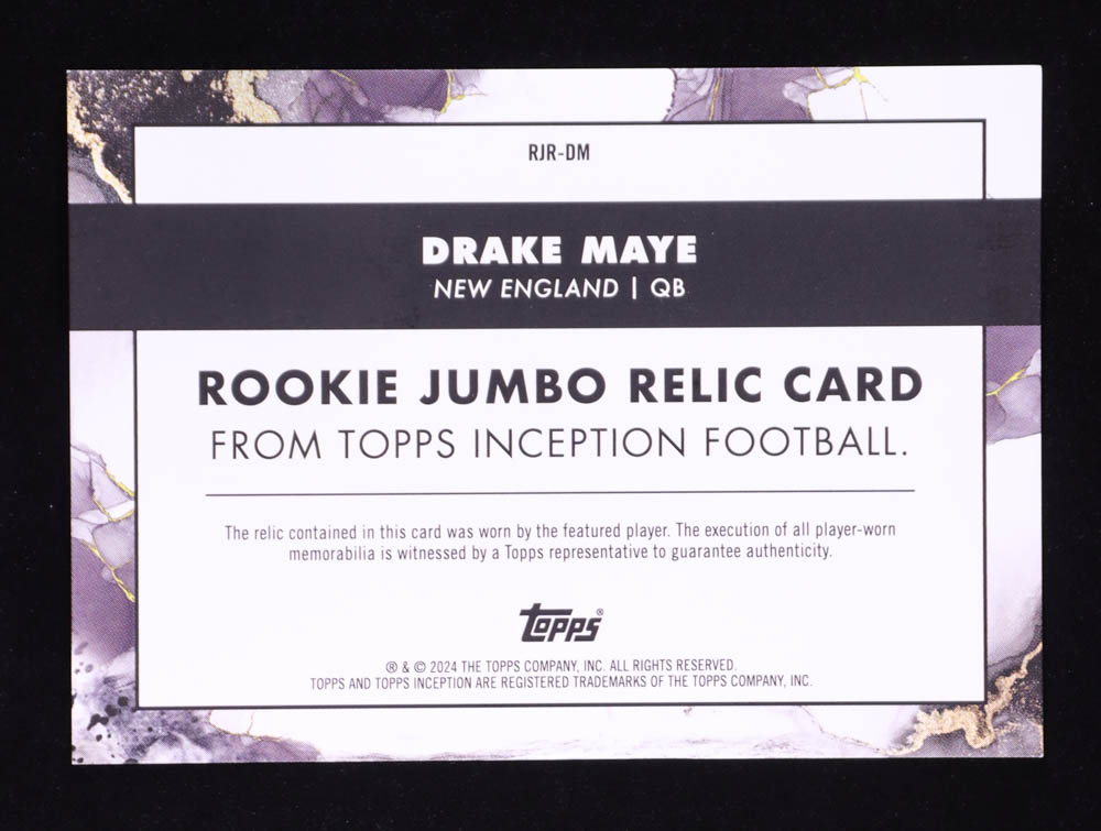 Drake Maye 2024 Topps Inception Rookie Jumbo Relics Magenta #RJRDM RC #48/99 at PristineAuction.com Drake Maye 2024 Topps Inception Rookie Jumbo Relics Magenta #RJRDM RC #48/99 at PristineAuction.com