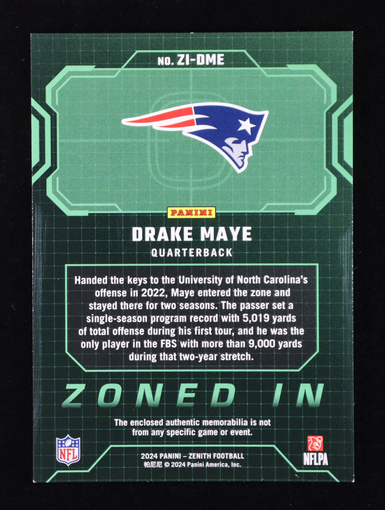 Drake Maye 2024 Zenith Zoned In Jerseys #2 RC at PristineAuction.com Drake Maye 2024 Zenith Zoned In Jerseys #2 RC at PristineAuction.com