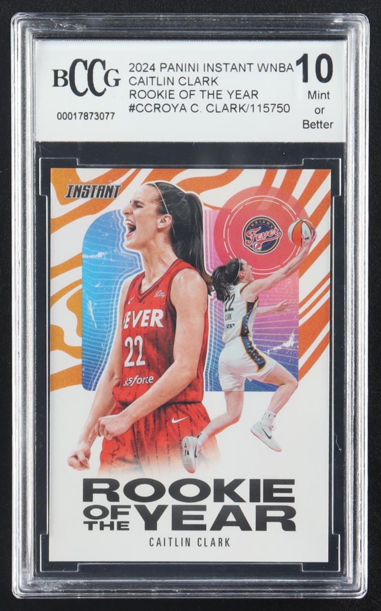Caitlin Clark 2024 Panini Instant WNBA Caitlin Clark Rookie of the Year #CCROY-A RC #1/115750 (BCCG 10) at PristineAuction.com Caitlin Clark 2024 Panini Instant WNBA Caitlin Clark Rookie of the Year #CCROY-A RC #1/115750 (BCCG 10) at PristineAuction.com