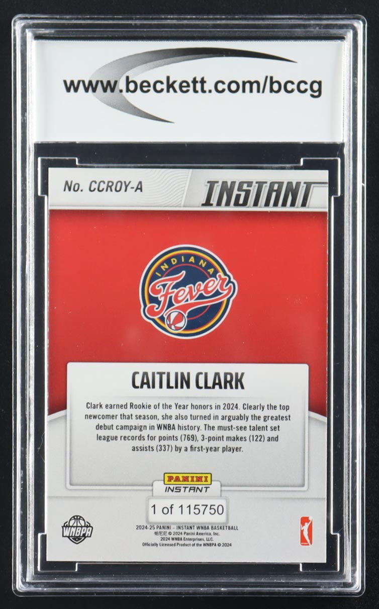 Caitlin Clark 2024 Panini Instant WNBA Caitlin Clark Rookie of the Year #CCROY-A RC #1/115750 (BCCG 10) at PristineAuction.com Caitlin Clark 2024 Panini Instant WNBA Caitlin Clark Rookie of the Year #CCROY-A RC #1/115750 (BCCG 10) at PristineAuction.com