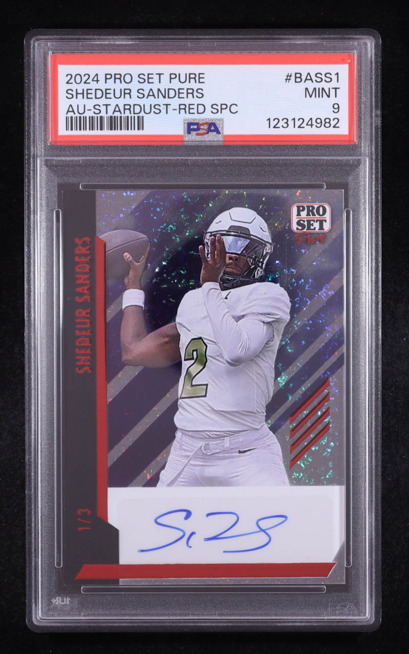 Shedeur Sanders 2024 Pro Set Pure Autograph Stardust Red #BASS1 #1/3 RC (PSA 9) at PristineAuction.com Shedeur Sanders 2024 Pro Set Pure Autograph Stardust Red #BASS1 #1/3 RC (PSA 9) at PristineAuction.com