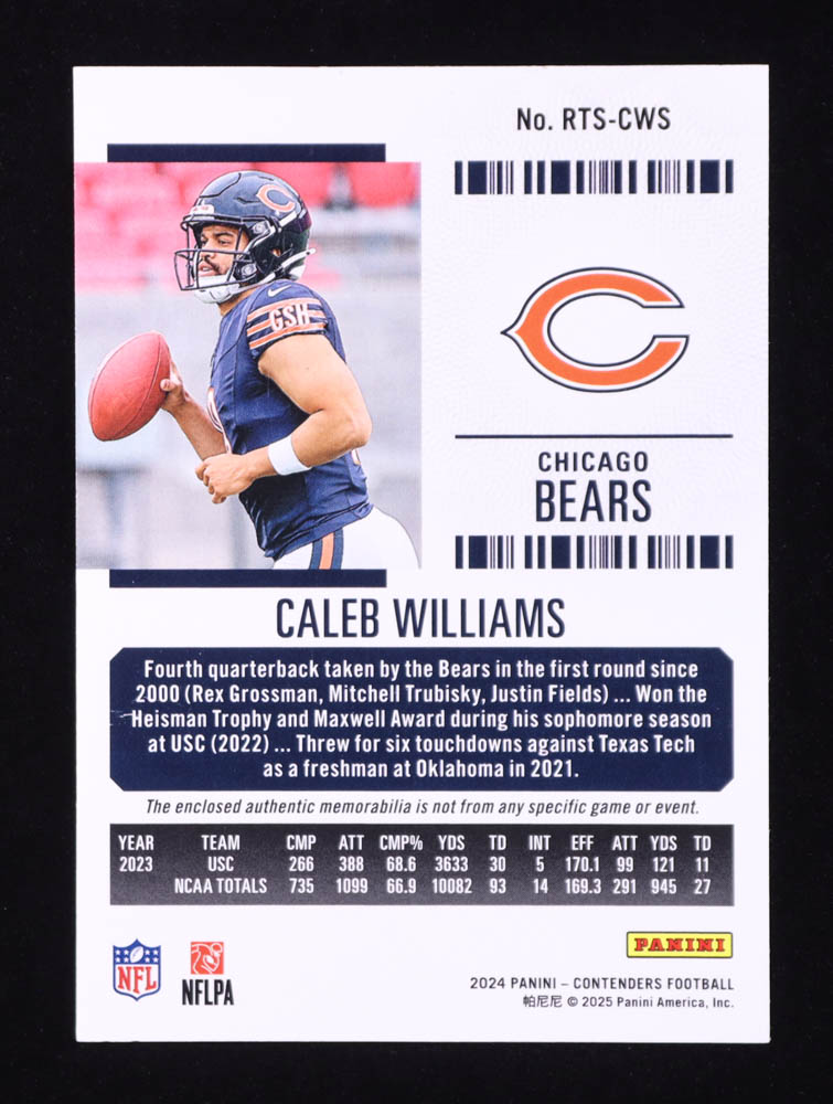 Caleb Williams 2024 Panini Contenders Rookie Ticket Swatches #1 RC at PristineAuction.com Caleb Williams 2024 Panini Contenders Rookie Ticket Swatches #1 RC at PristineAuction.com