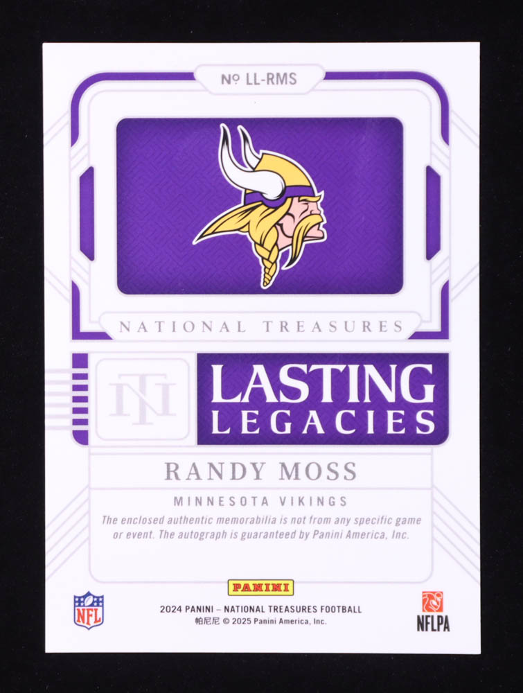 Randy Moss 2024 Panini National Treasures Lasting Legacies Material Autographs #5 #39/99 at PristineAuction.com Randy Moss 2024 Panini National Treasures Lasting Legacies Material Autographs #5 #39/99 at PristineAuction.com