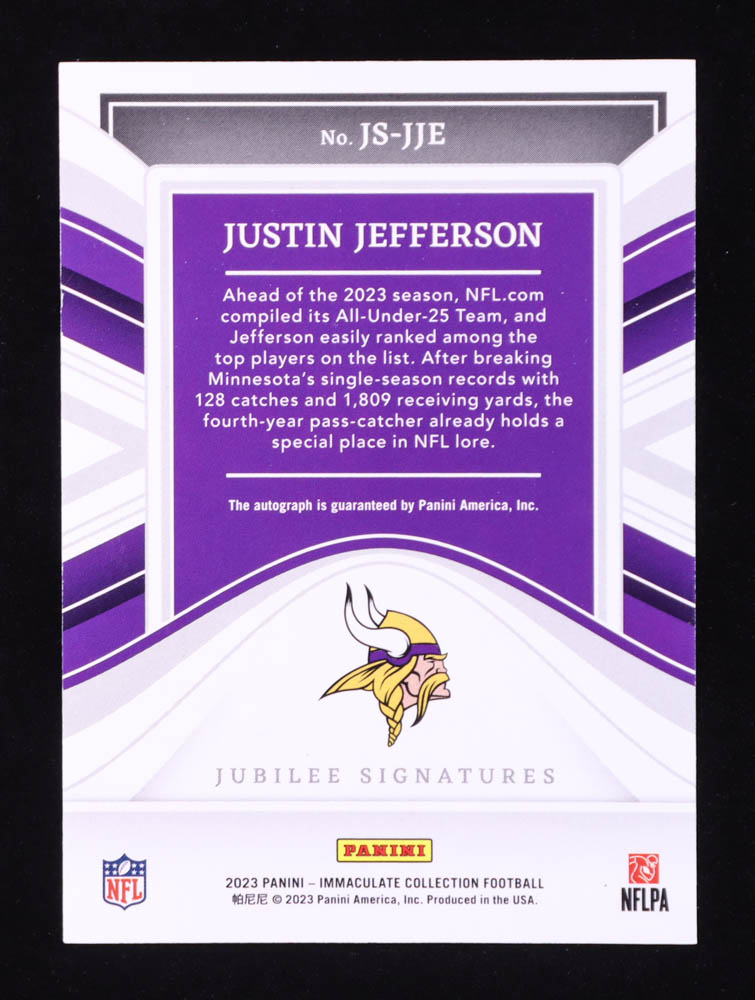 Justin Jefferson 2023 Immaculate Collection Jubilee Signatures #2 #40/49 at PristineAuction.com Justin Jefferson 2023 Immaculate Collection Jubilee Signatures #2 #40/49 at PristineAuction.com