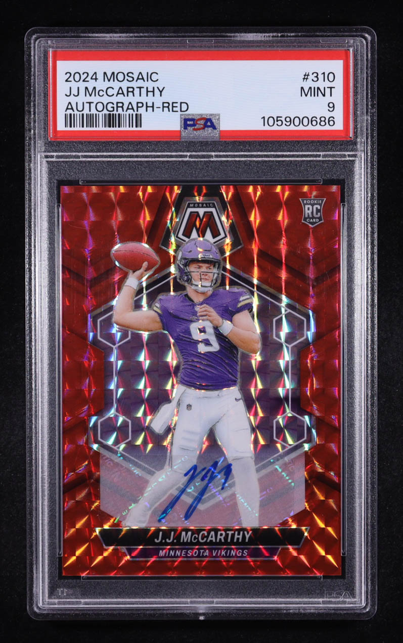 JJ McCarthy 2024 Panini Mosaic Rookie Autographs Mosaic Red #310 #048/199 RC (PSA 9) at PristineAuction.com JJ McCarthy 2024 Panini Mosaic Rookie Autographs Mosaic Red #310 #048/199 RC (PSA 9) at PristineAuction.com
