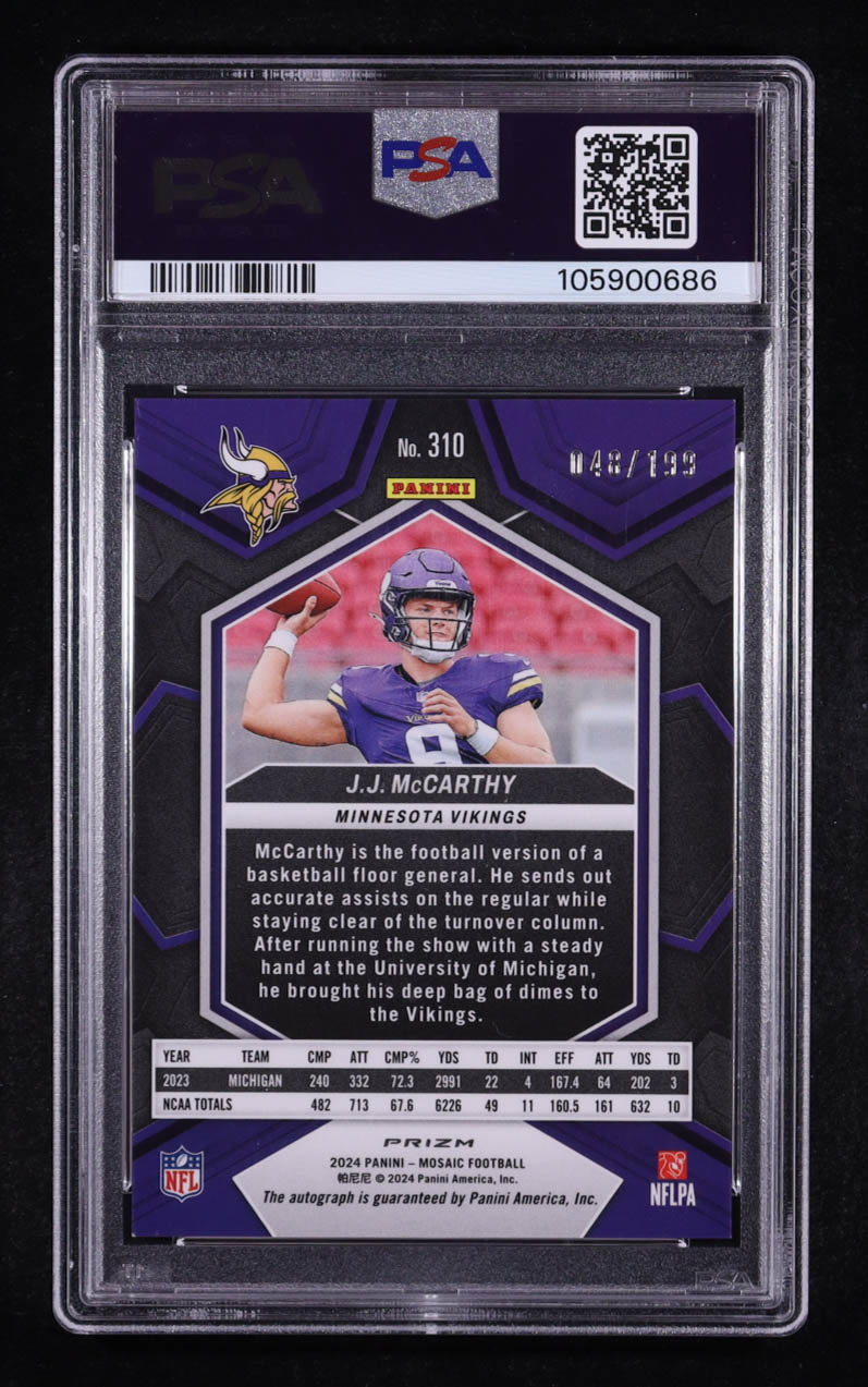 JJ McCarthy 2024 Panini Mosaic Rookie Autographs Mosaic Red #310 #048/199 RC (PSA 9) at PristineAuction.com JJ McCarthy 2024 Panini Mosaic Rookie Autographs Mosaic Red #310 #048/199 RC (PSA 9) at PristineAuction.com