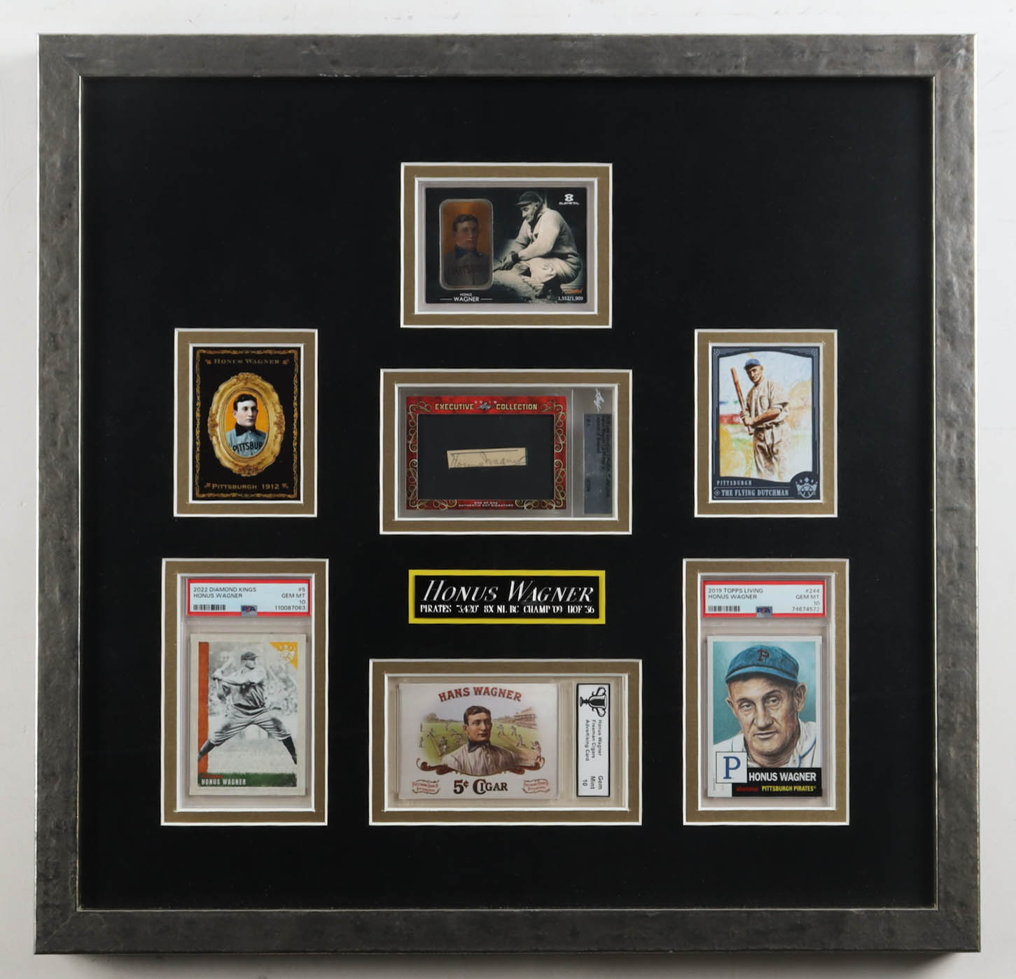 Honus Wagner Pirates Custom Framed (7) Card Display With 1 of 1 Auto Card, (2) PSA Graded Cards & Fine Silver Bullion With Card at PristineAuction.com Honus Wagner Pirates Custom Framed (7) Card Display With 1 of 1 Auto Card, (2) PSA Graded Cards & Fine Silver Bullion With Card at PristineAuction.com