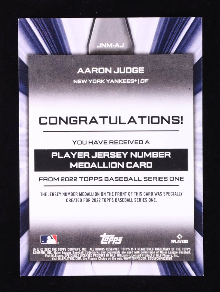 Aaron Judge 2022 Topps Commemorative Player Jersey Number Medallions #JNMAJ at PristineAuction.com Aaron Judge 2022 Topps Commemorative Player Jersey Number Medallions #JNMAJ at PristineAuction.com