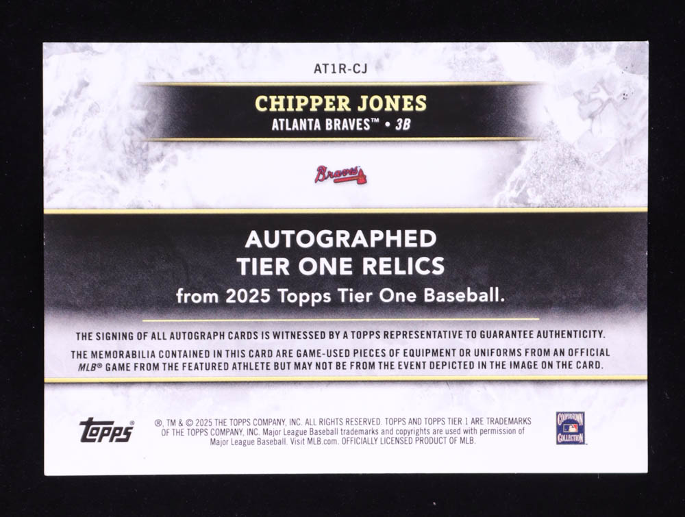 Chipper Jones 2025 Topps Tier One Relic Autographs Green Triple Relics #AT1RCJ #14/15 at PristineAuction.com Chipper Jones 2025 Topps Tier One Relic Autographs Green Triple Relics #AT1RCJ #14/15 at PristineAuction.com