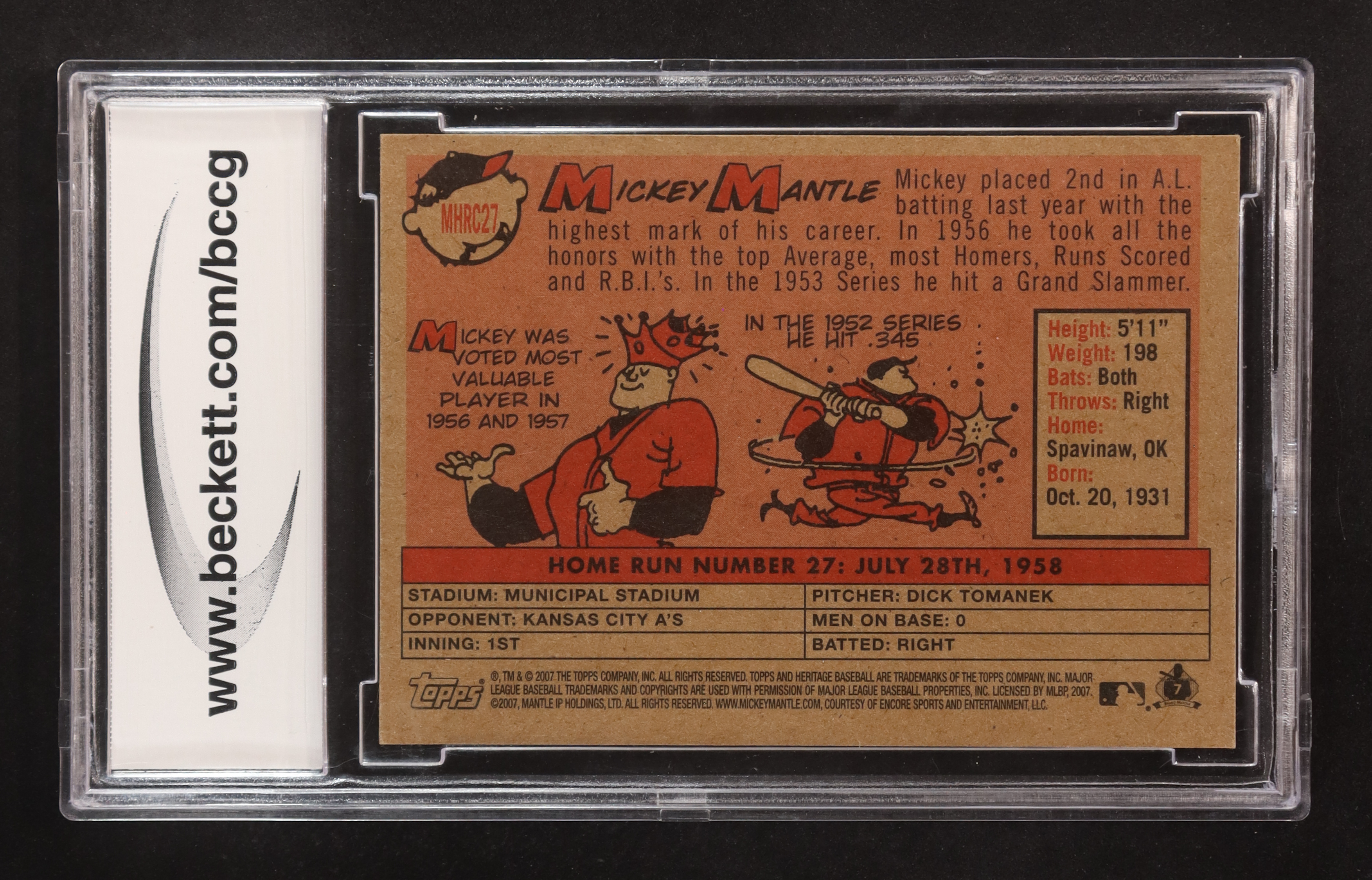 Mickey Mantle 2007 Topps Heritage '58 Home Run Champion #MMHRC27 (BCCG 10) at PristineAuction.com Mickey Mantle 2007 Topps Heritage '58 Home Run Champion #MMHRC27 (BCCG 10) at PristineAuction.com