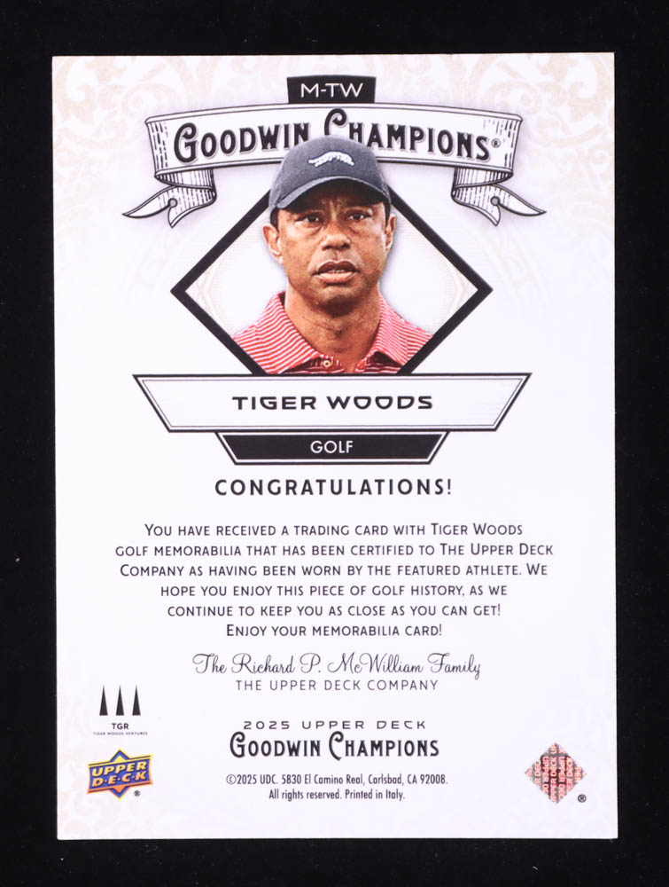 Tiger Woods 2025 Upper Deck Goodwin Champions Memorabilia #MTW / Shirt at PristineAuction.com Tiger Woods 2025 Upper Deck Goodwin Champions Memorabilia #MTW / Shirt at PristineAuction.com