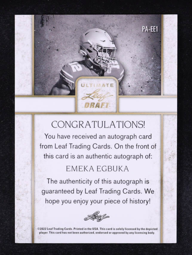 Emeka Egbuka 2022 Leaf Ultimate Draft Portrait Autographs Platinum Spectrum #PAEE1 #01/35 RC at PristineAuction.com Emeka Egbuka 2022 Leaf Ultimate Draft Portrait Autographs Platinum Spectrum #PAEE1 #01/35 RC at PristineAuction.com