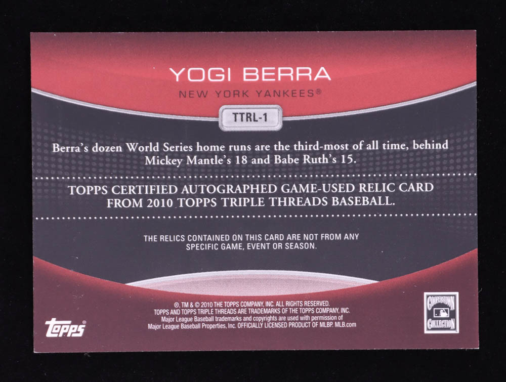 Yogi Berra 2010 Topps Triple Threads Legend Relics #RL1 #04/36 at PristineAuction.com Yogi Berra 2010 Topps Triple Threads Legend Relics #RL1 #04/36 at PristineAuction.com